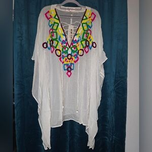 NWT Monique Leshman Jigsaw Resort Wear Silk Cover-up Embroidered White Kaftan‎